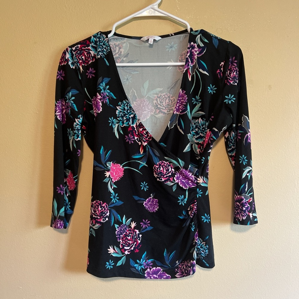 Candie’s Vintage Y2K floral 3/4 sleeve black v-neck wrap top size small Women’s